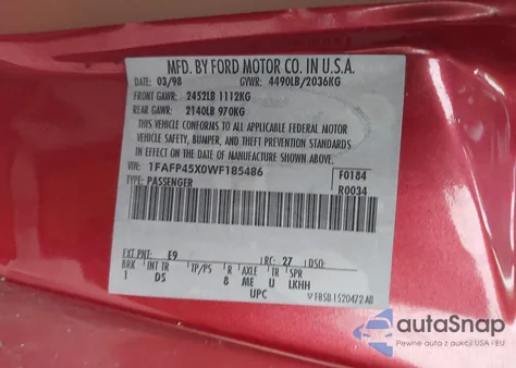 1998 Ford Mustang Gt z USA, uszkodzony, nr VIN 1FAFP45X0WF185486